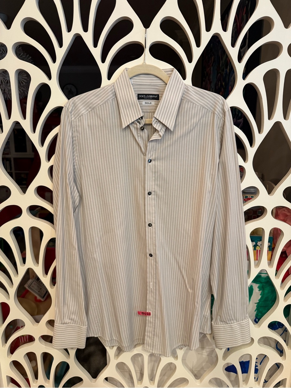 Dolce & Gabbana Men's Cream and Gray Striped Dress Shirt